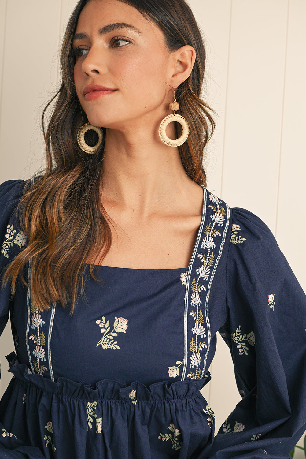 Embrace bohemian charm with the blue elegant floral shift dress, featuring intricate floral patterns for a sophisticated look. Puff sleeves add a trendy, playful touch to its unique silhouette. Long sleeves provide comfortable coverage with a graceful, feminine style for any season. This versatile dress blends classic design with a modern twist, perfect for casual or formal occasions