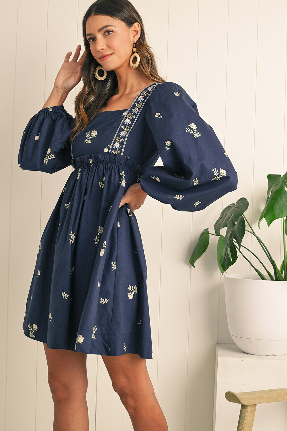 Embrace bohemian charm with the blue elegant floral shift dress, featuring intricate floral patterns for a sophisticated look. Puff sleeves add a trendy, playful touch to its unique silhouette. Long sleeves provide comfortable coverage with a graceful, feminine style for any season. This versatile dress blends classic design with a modern twist, perfect for casual or formal occasions