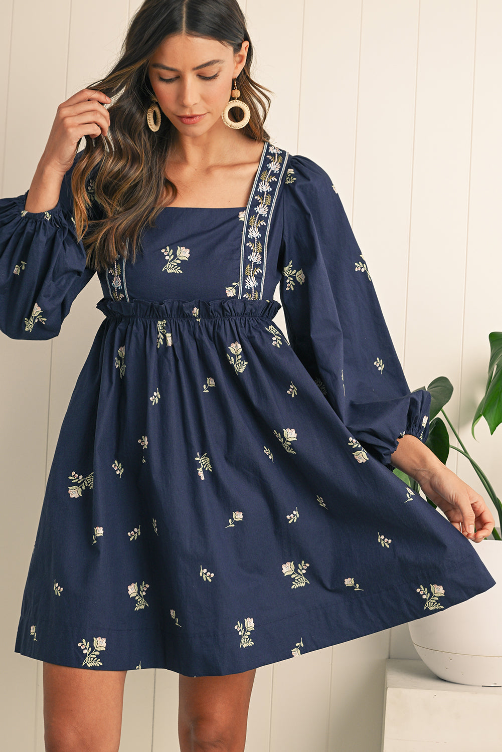 Embrace bohemian charm with the blue elegant floral shift dress, featuring intricate floral patterns for a sophisticated look. Puff sleeves add a trendy, playful touch to its unique silhouette. Long sleeves provide comfortable coverage with a graceful, feminine style for any season. This versatile dress blends classic design with a modern twist, perfect for casual or formal occasions