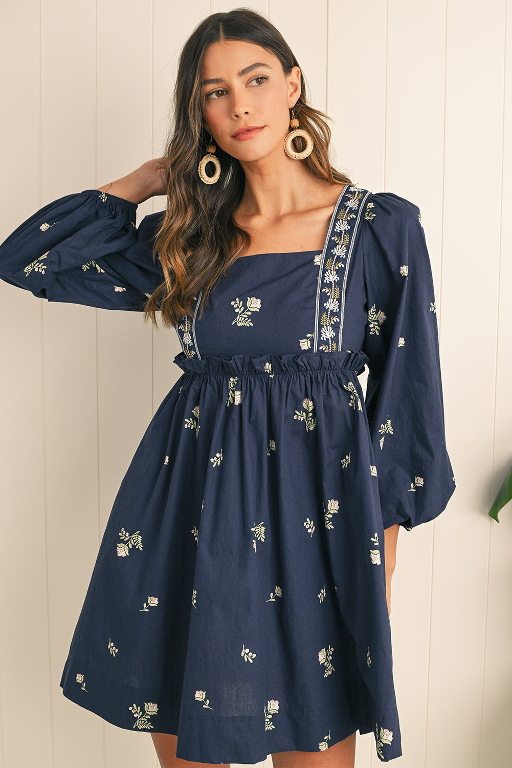 Embrace bohemian charm with the blue elegant floral shift dress, featuring intricate floral patterns for a sophisticated look. Puff sleeves add a trendy, playful touch to its unique silhouette. Long sleeves provide comfortable coverage with a graceful, feminine style for any season. This versatile dress blends classic design with a modern twist, perfect for casual or formal occasions