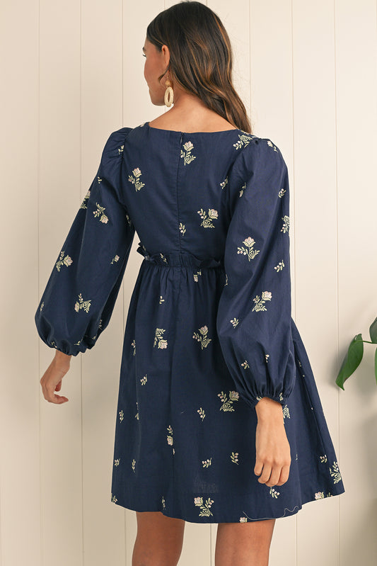 Embrace bohemian charm with the blue elegant floral shift dress, featuring intricate floral patterns for a sophisticated look. Puff sleeves add a trendy, playful touch to its unique silhouette. Long sleeves provide comfortable coverage with a graceful, feminine style for any season. This versatile dress blends classic design with a modern twist, perfect for casual or formal occasions