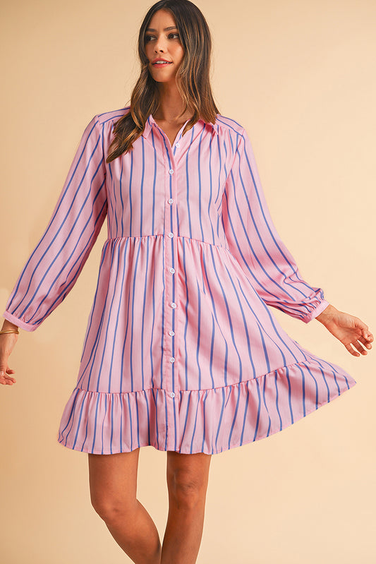 Effortlessly chic, this dress is perfect for a day out with friends or a casual weekend brunch. The playful puff sleeves add a touch of femininity, while the button-up front allows for easy adjustments and a personalized fit. Crafted from high-quality fabric, this dress boasts a comfortable and breathable feel, ideal for all-day wear. The classic pink stripes give a timeless look with a modern twist, making it a versatile piece for various occasions.